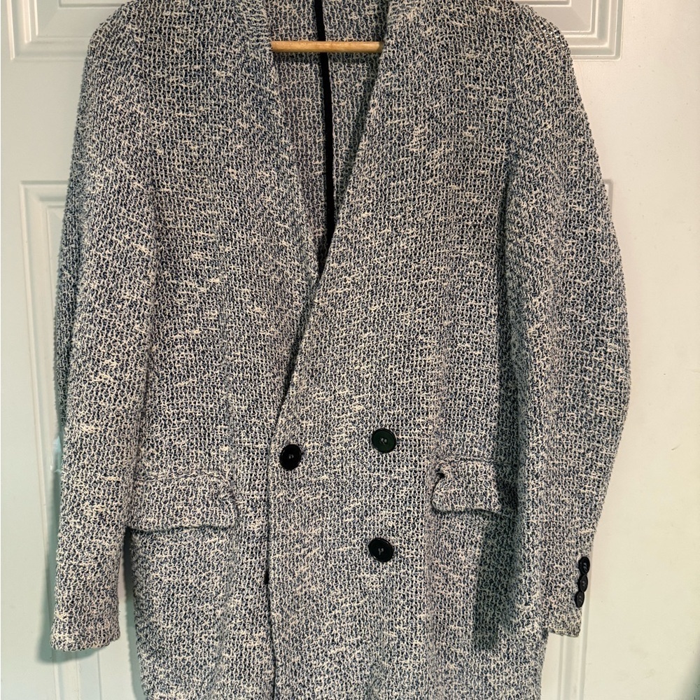 Zara White and Blue Pea Coat Double-Breasted Design